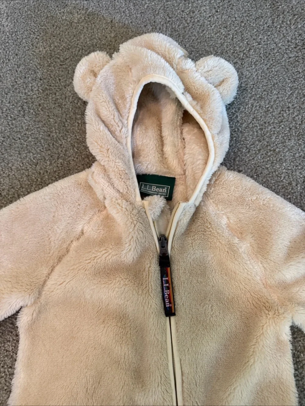 LL Bean Baby Bear Full Zip Sherpa 6-12 Mo Beige Fleece Bunting Snowsuit